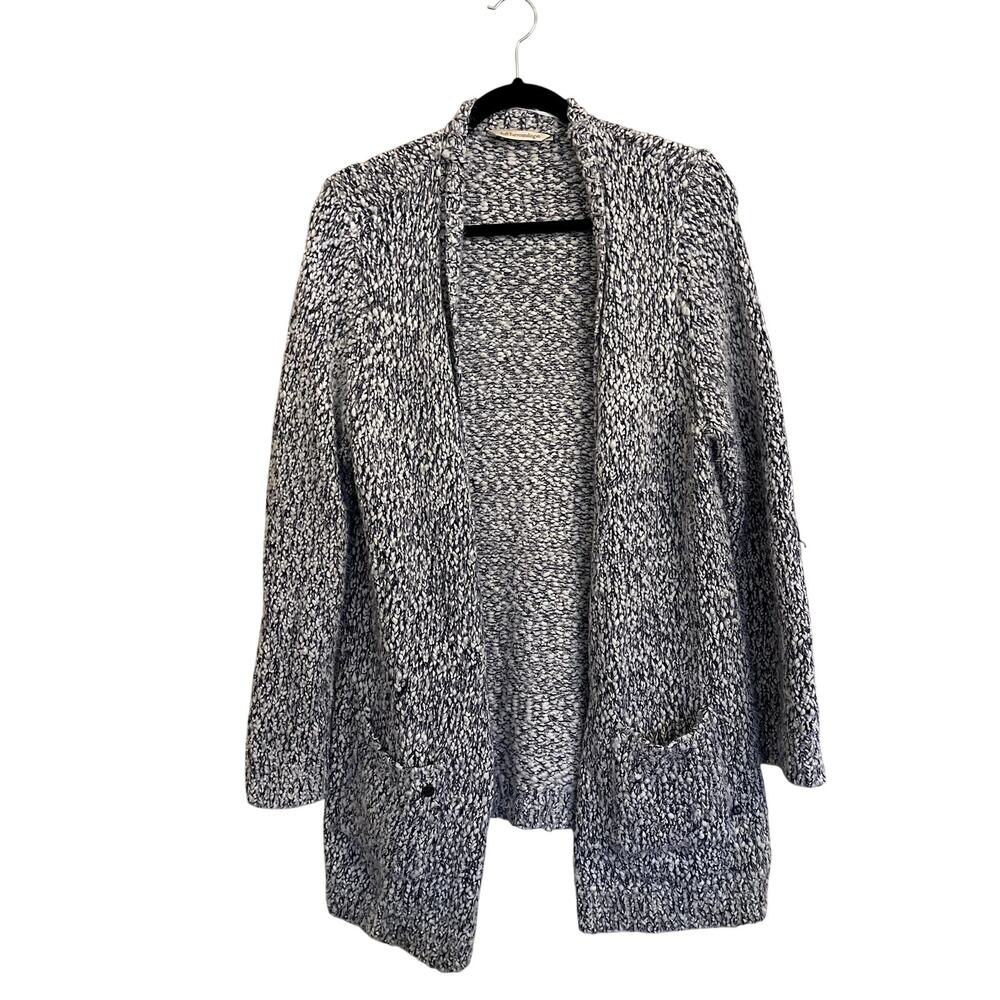 Soft Surroundings Marled Boucle Open Front Cardigan Sweater Gray Pockets Large